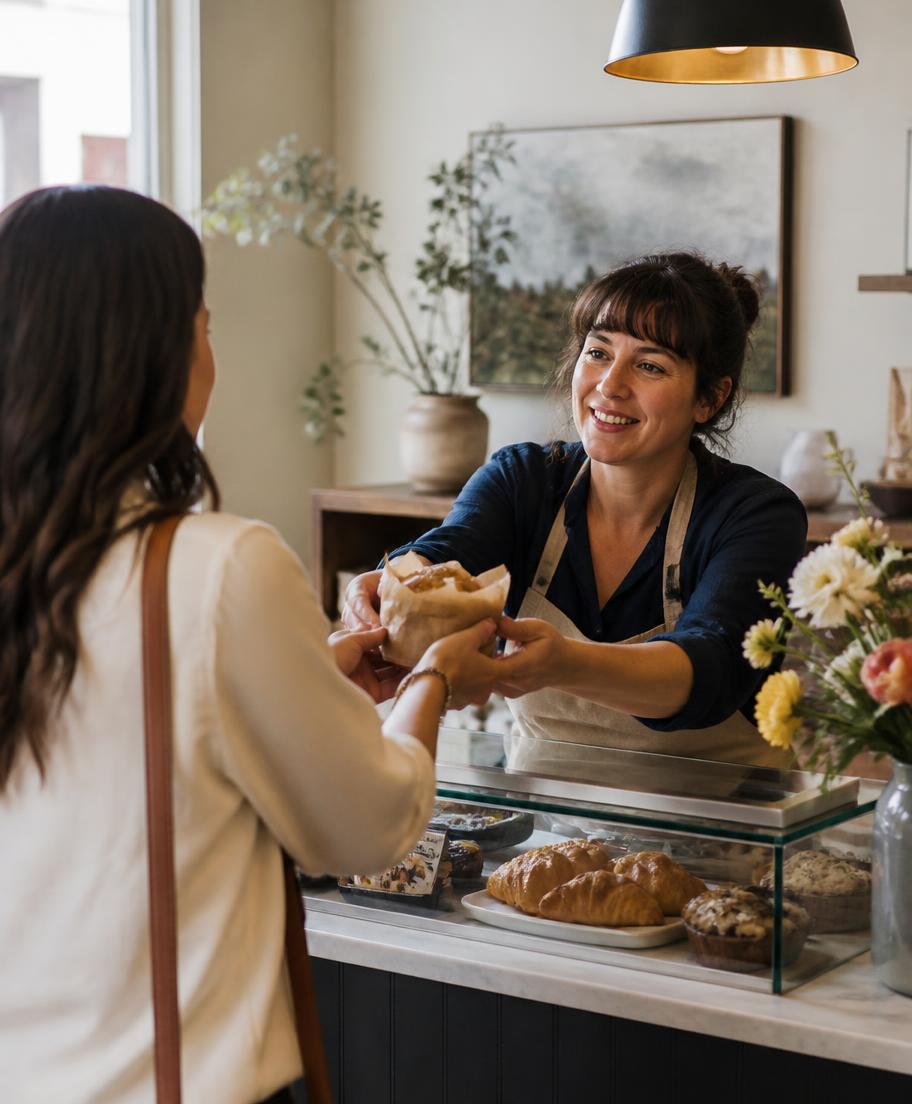 A local business owner greeting a customer at the counter
